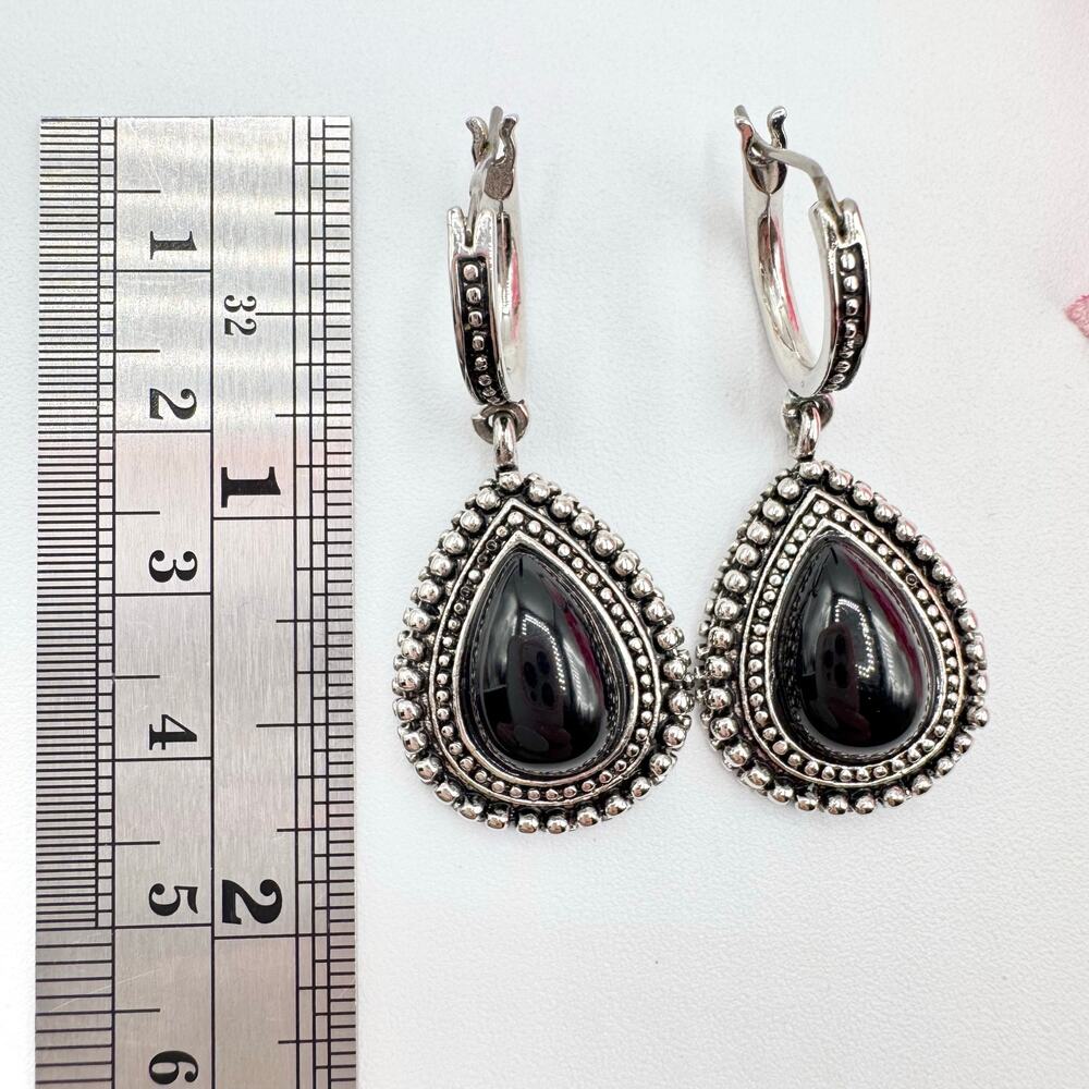Premier Designs Black Teardrop Cabochon Bali Style Earrings Eastern Ethnic Boho - Picture 6 of 9